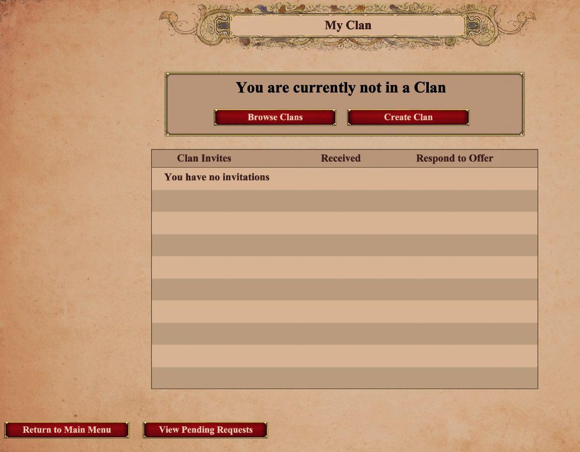 my clan: you have no invitations, you are currently not in a clan from Age of Empires 2 Definitive Edition UI screenshot (English)