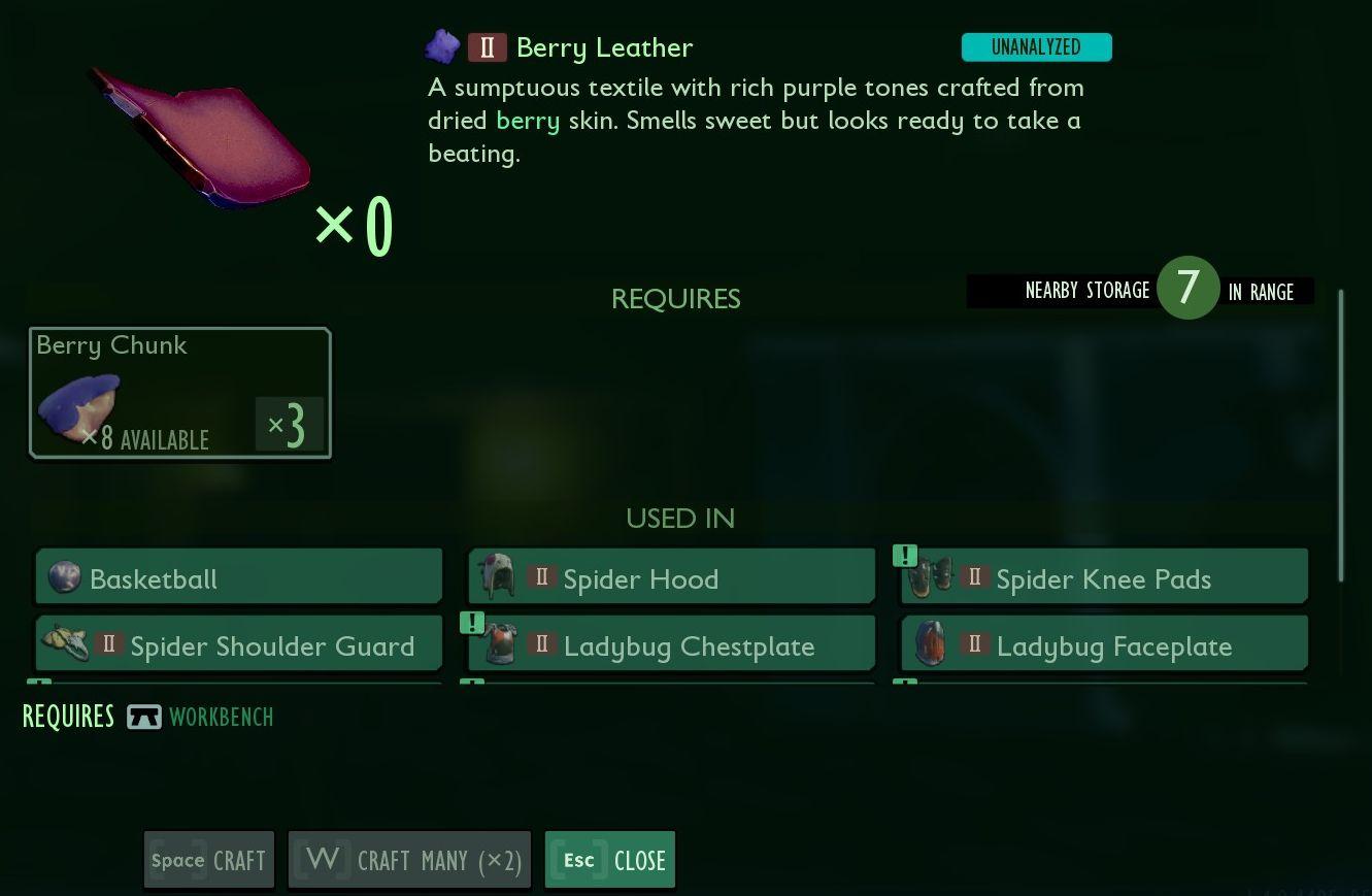 craft berry leather, it requires, it can be used in, needs workbench from Grounded UI screenshot (English)