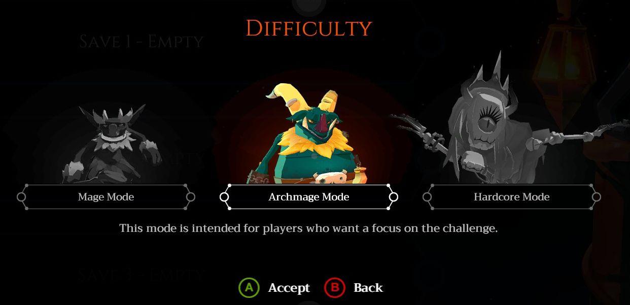 Mages of Mystralia difficulty mage archmage hardcore from Mages of Mystralia UI screenshot (English)