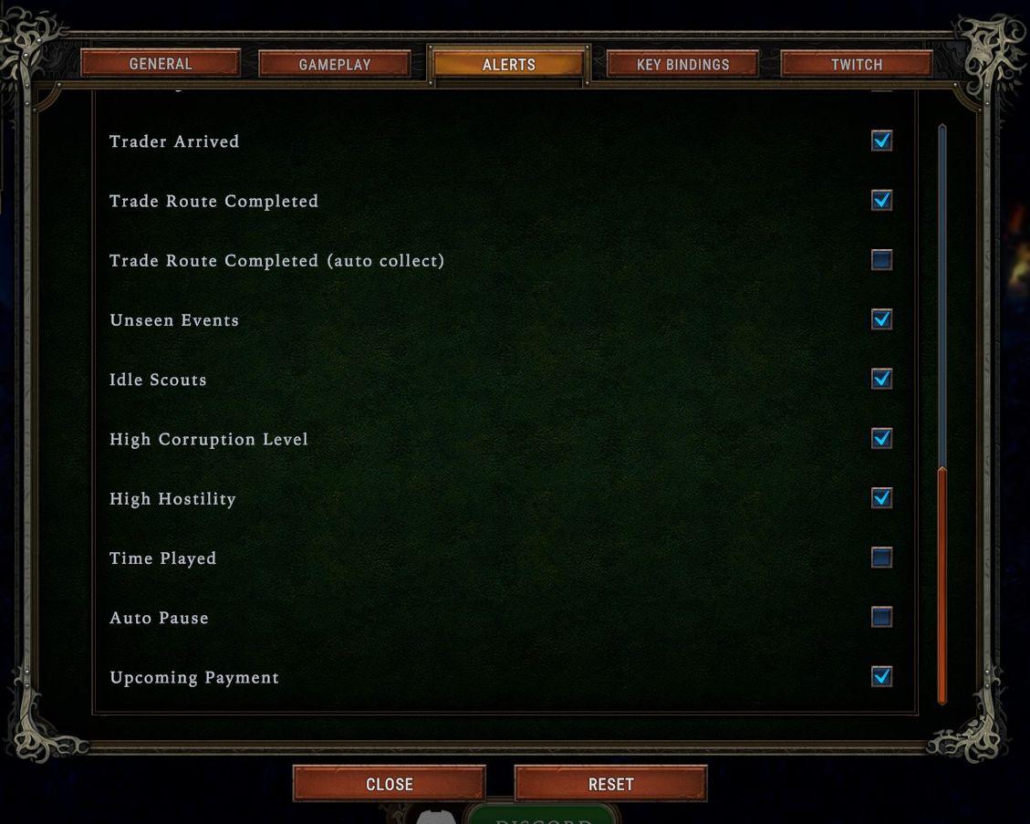 high hostility, trader arrival, alert settings from Against the Storm UI screenshot (English)