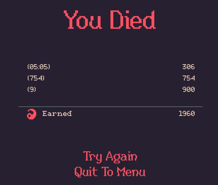 you died, score, how long you survived from 20 Minutes Till Dawn UI screenshot (English)