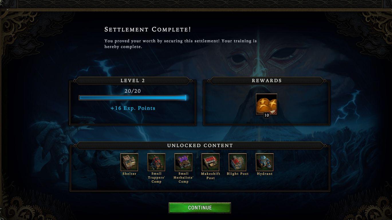 settlement complete, unlocked content from Against the Storm UI screenshot (English)