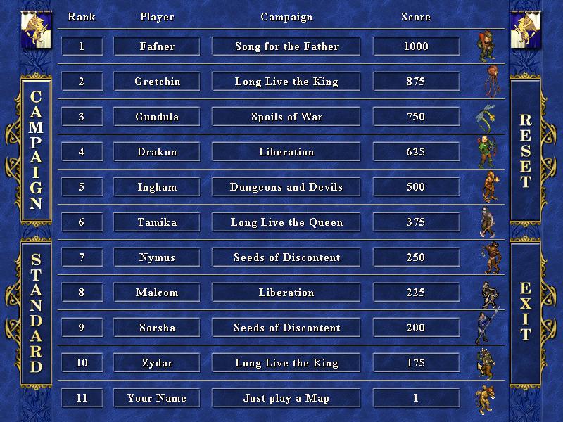 leaderboards from Heroes of Might and Magic 3: Complete UI screenshot (English)