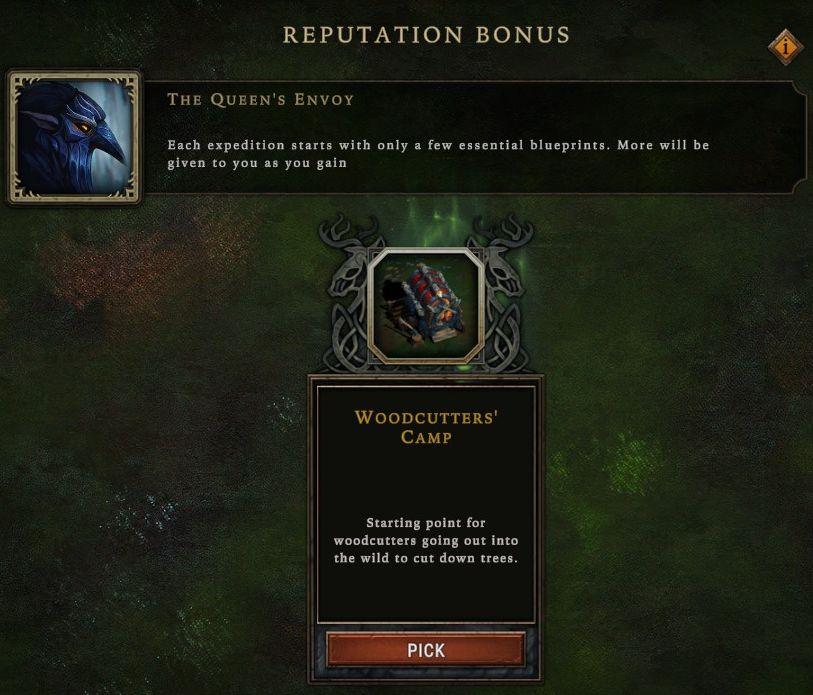 pick reputation bonus: woodcutter's camp from Against the Storm UI screenshot (English)