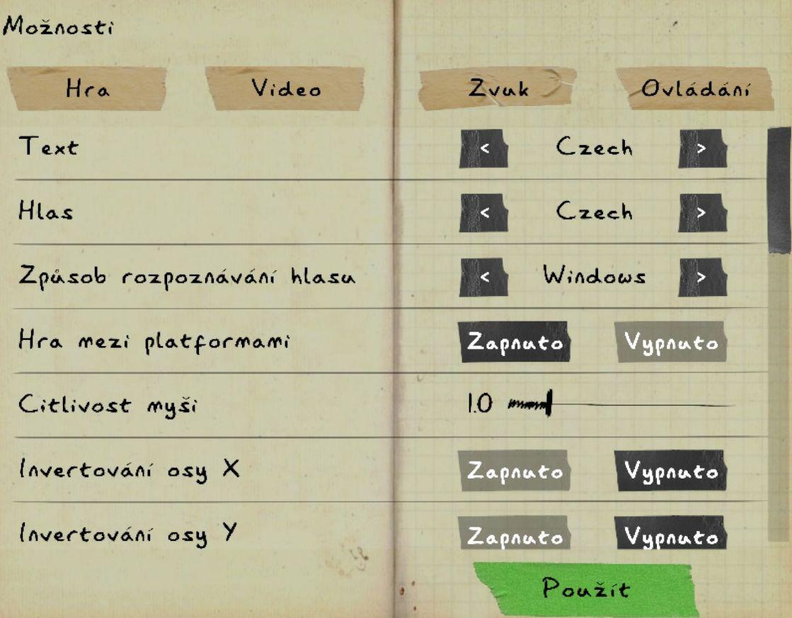 možnosti jazyka, nastavení hry from Phasmophobia UI screenshot (Czech)