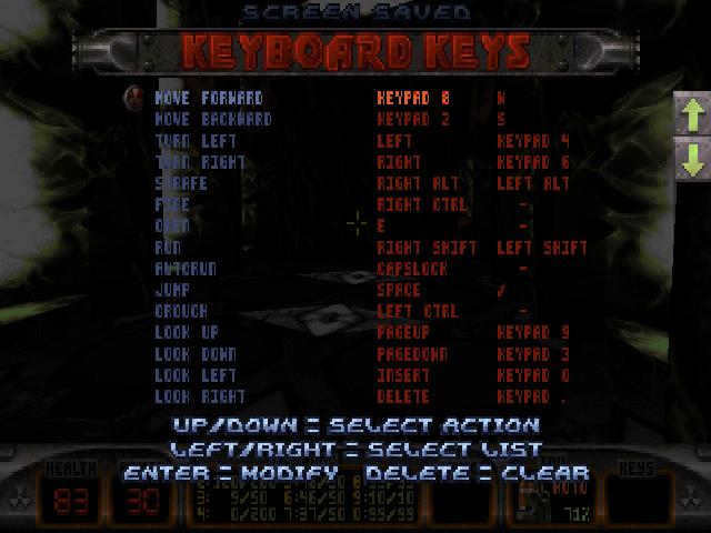 keyboard controls (jump, crouch, run, open) from Duke Nukem 3D Atomic Edition UI screenshot (English)