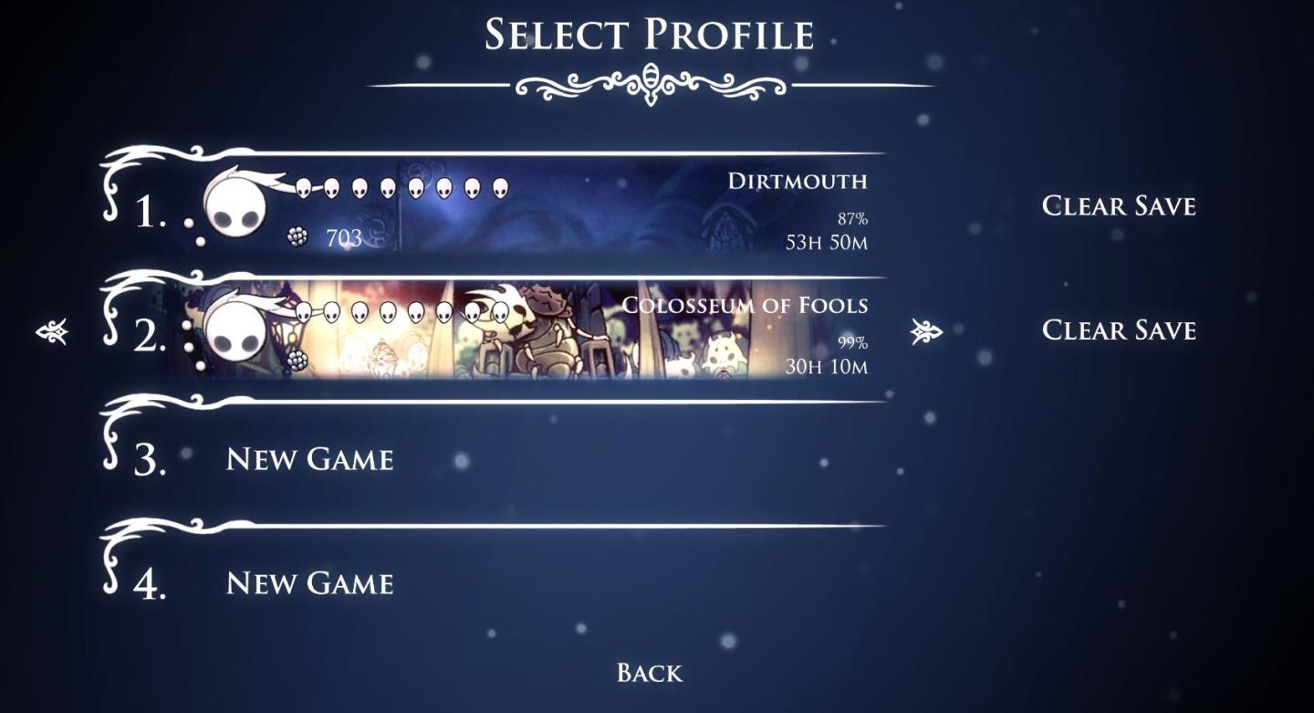 select profile or start a new game from Hollow Knight UI screenshot (English)