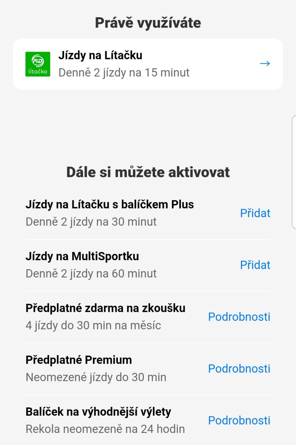 právě využíváte, jízdy na lítačku, jízdy na multisportku, předplatné from Rekola UI screenshot (Czech)