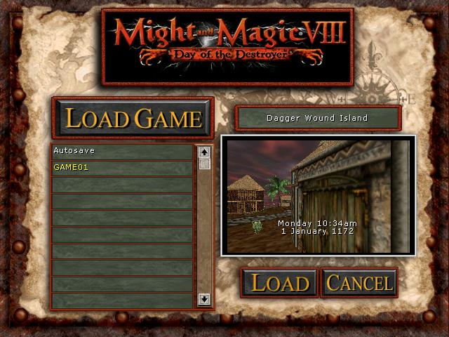 load game from Might and Magic 8: Day of the Destroyer UI screenshot (English)