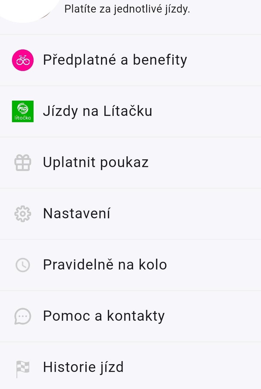 menu, platíte za jednotlivé jízdy, předplatné a benefity from Rekola UI screenshot (Czech)